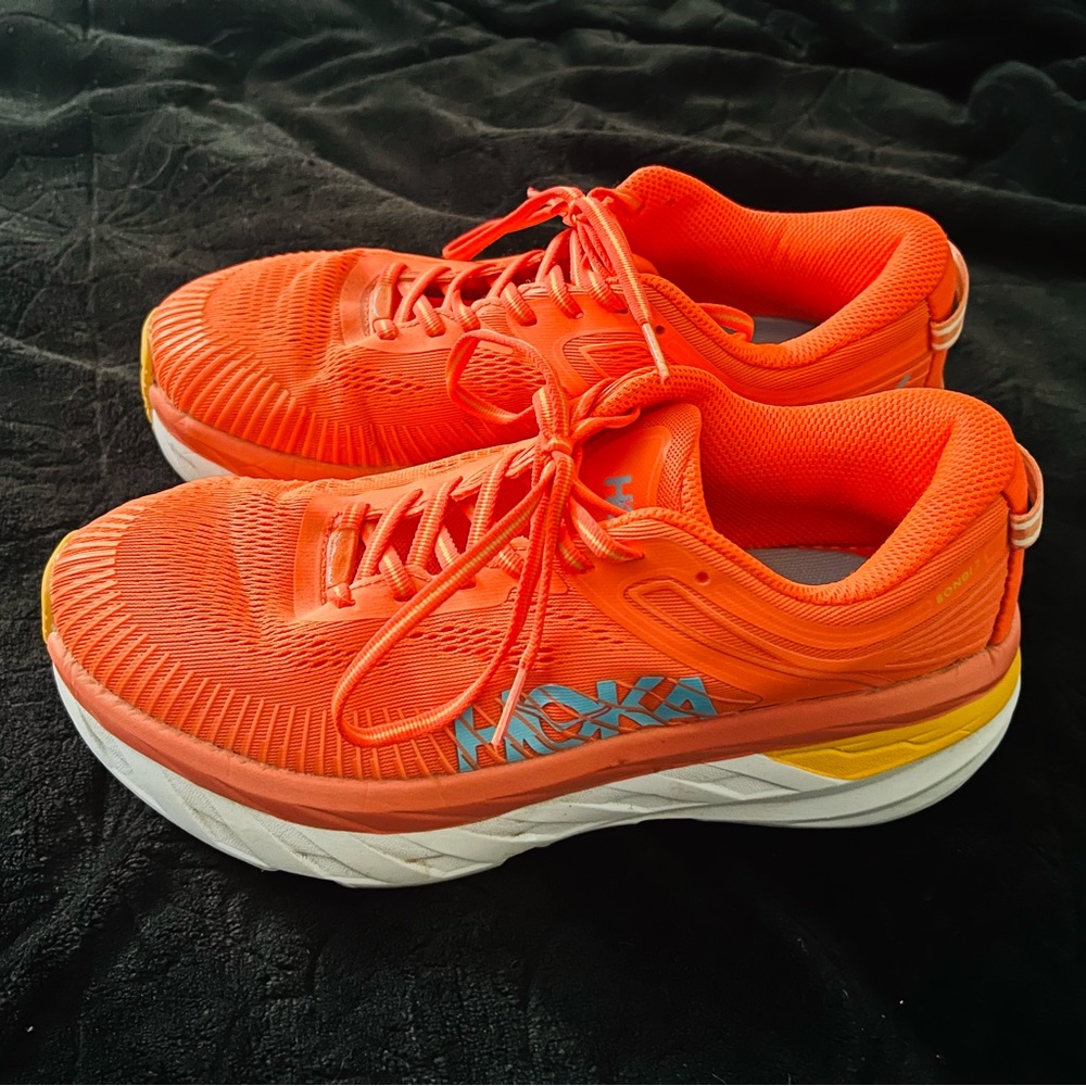 Hoka One One Women's Bright Orange Athletic Sneakers with Yellow & Blue Accents - Picture 2 of 6